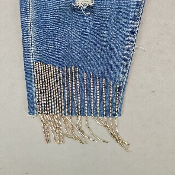 Custom Levi's Womens 33 Blue Distressed Front & Back Rhinestone Fringe Festival - Picture 7 of 16